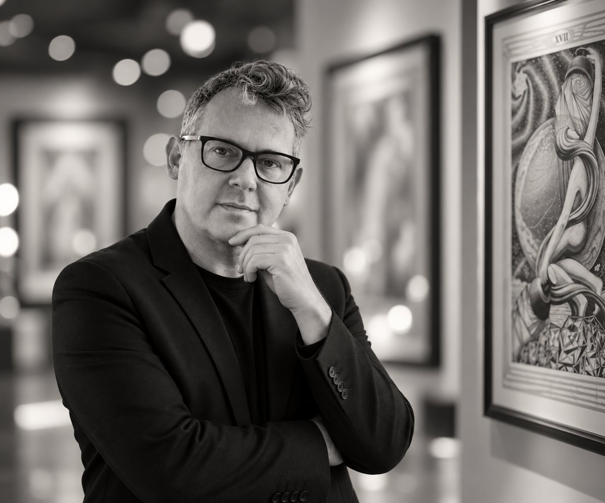 Portrait en noir et blanc de Damien, artiste, illustrateur et tarologue, dans une galerie devant une lame de l'Étoile