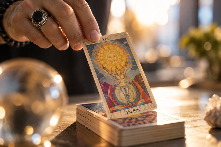 Main tirant la lame du Soleil d'un jeu de tarot, dans une lumière dorée de fin de journée