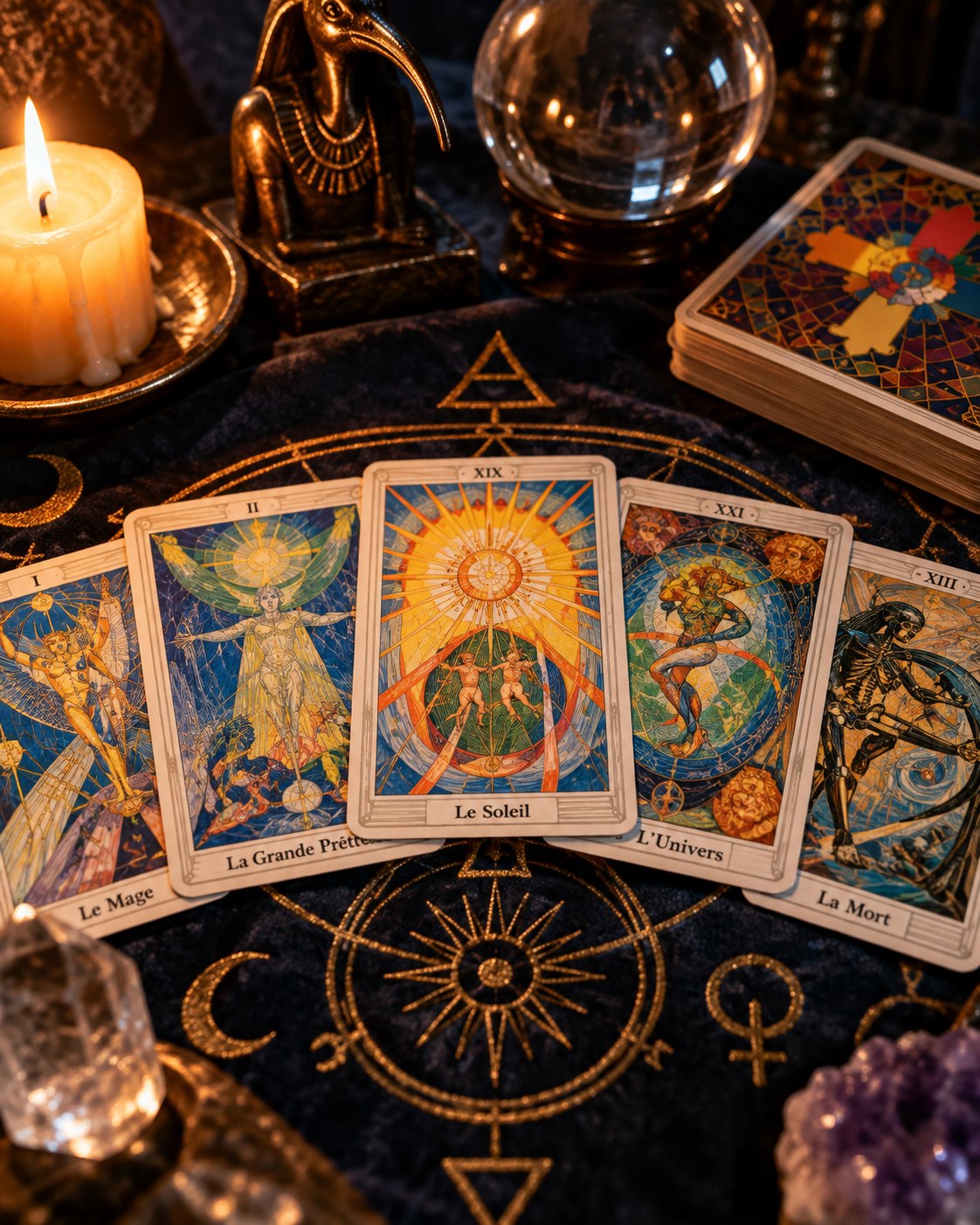 Tirage de cinq lames de tarot sur une nappe étoilée, entre une bougie, une statuette de Thot à tête d'ibis et une boule de cristal