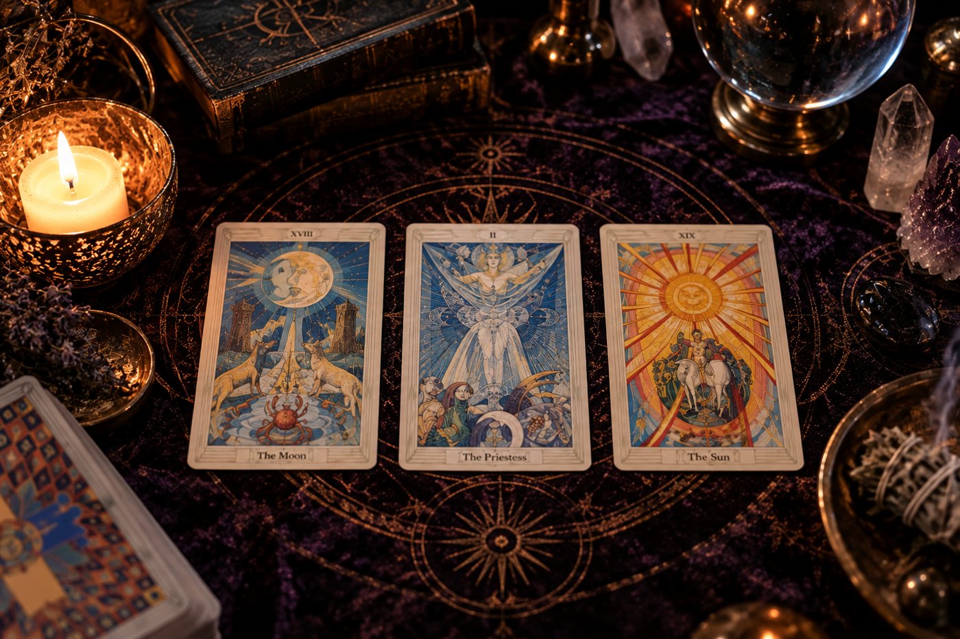 Tirage de tarot en trois lames, la Lune, la Grande Prêtresse et le Soleil, à la lueur d'une bougie